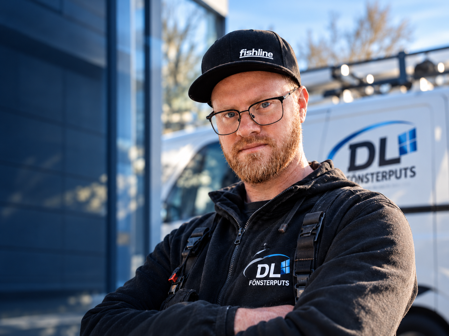 David Lindwall, grundare av DL-Fönsterputs, framför sin firmabil och en modern glasfasad
